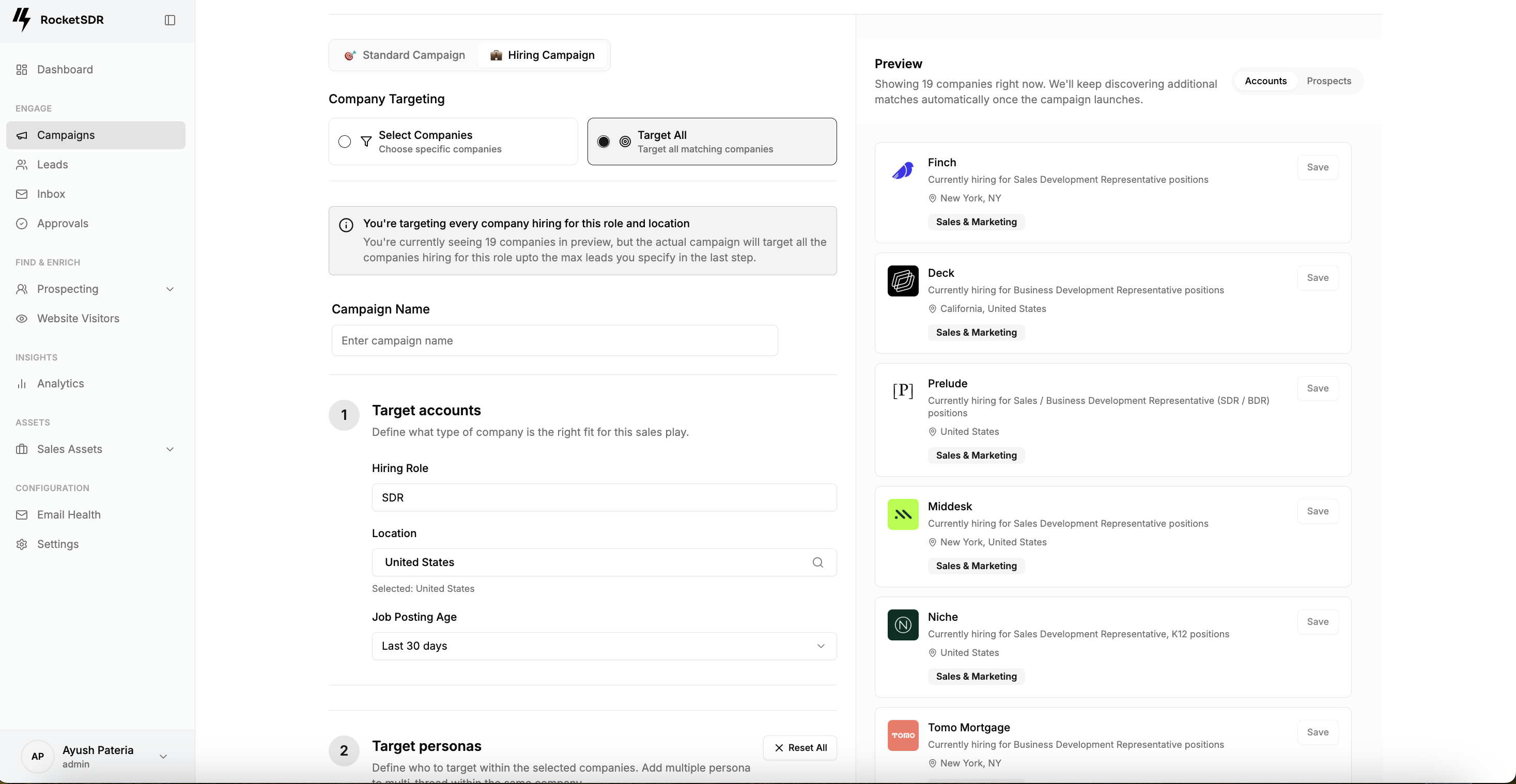 RocketSDR signal campaign preview with real-time account targeting